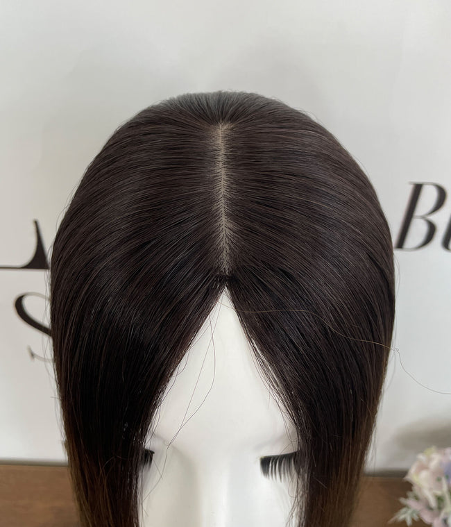 Dark brown color with highlights - Cuticles Human Hair Silk Base Topper