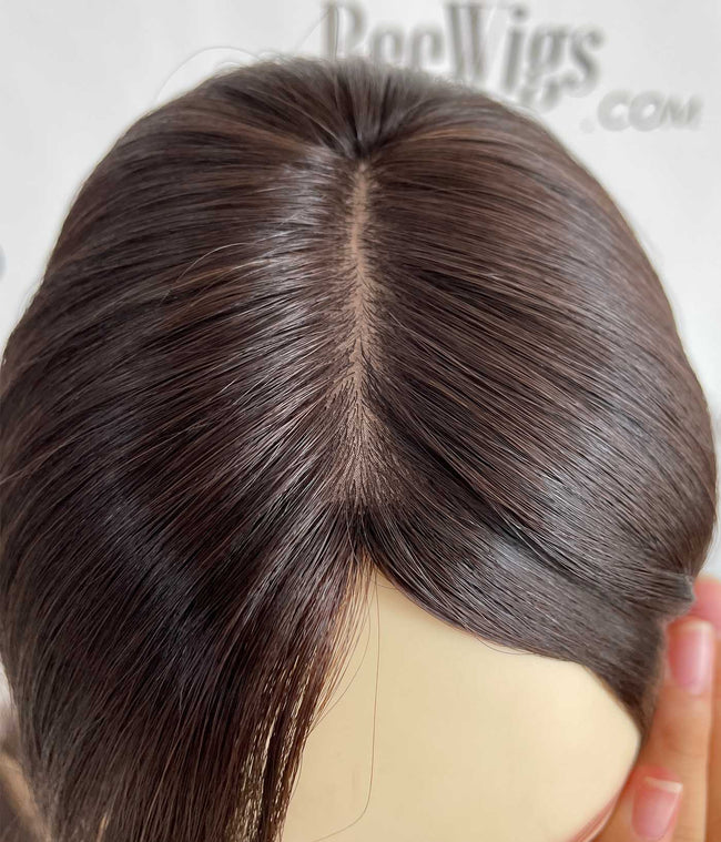 Cuticles Human Hair Silk Base Topper - Brown with Highlights